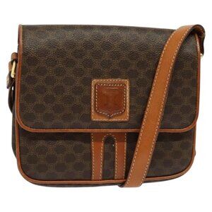 Authentic CELINE Macadam Canvas Shoulder Bag PVC Leather Brown Gold